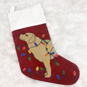 Pottery Barn Crewel Stocking Tangled Dog Labrador Embroidered Christmas Lights N